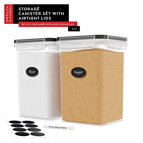 Image of DWELLZA KITCHEN Large Flour Sugar Storage Containers Set of 2; 175 FL. oz - 5.2L Plastic Airtight Food Storage Containers with Lids for Kitchen Pantry Organization - Food Containers, Labels & Marker