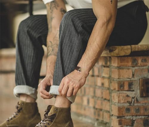 Men's Vintage Gray Vertical Stripe Jeans Mid-Rise Straight Tapered Fit Casual Cotton Pants4