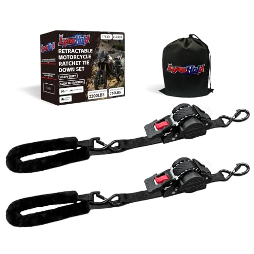 Image of Retractable Motorcycle Tie Down Straps, 1 inch x 10' with Fleece Sleeves