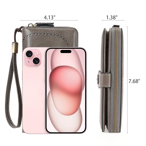 Image of Wristlet Wallets for Women Leather Credit Card Holder Bifold Grey | RFID Blocking, Large Capacity, Ladies Phone Clutch Purse with Zippered Coin Pocket