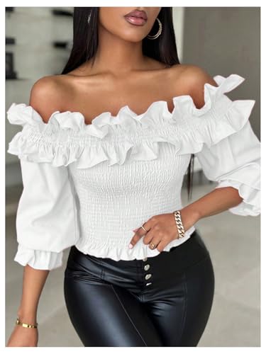 Floerns Women's Ruffle Trim Off Shoulder Flounce Sleeve Shirred Blouse Top4