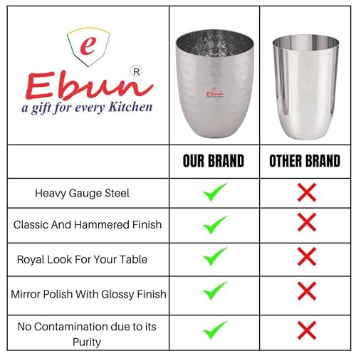 Image of Ebun Stainless Steel Hand Hammered Design Heavy Gauge Drinking Glass Set 12 Pieces 300 Ml