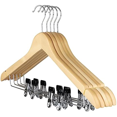 The Hanger Store 10 Wooden Suit Coat Clothes Hangers with bar and clips for Trousers, Skirts, Shirts Cover