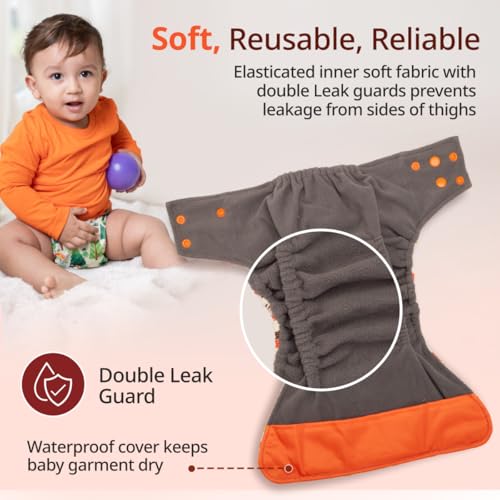 Image of LuvLap Reusable Baby Cloth Diaper, Double Leak Guard, High Absorption, Quick dry, Stain-Proof Comfort & Protection, 3m+, adjustable waist & height with snap buttons, Absorbent insert, Orange & green