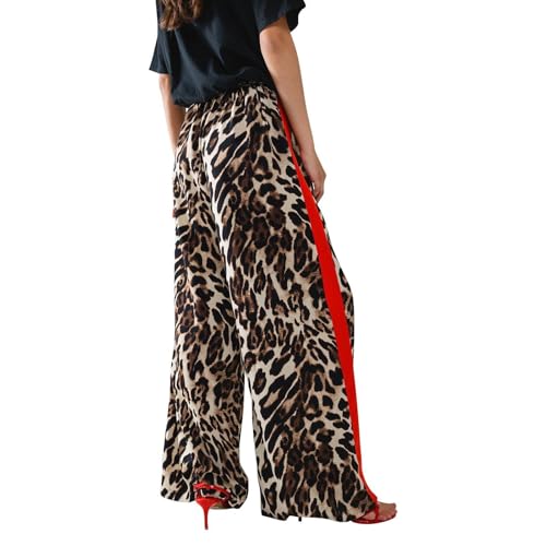 Leopard Wide Leg Pants for Women,Drawstring Print Color with Elastic Waistband,Cusual Comfortable Leg Wide Leg Loose Pants3