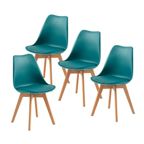 EGGREE Pack 4 Sillas de Comedor Sillas Cocina Nordica con Asiento Tapizado de Cuero PU y Patas de Haya, Turquesa