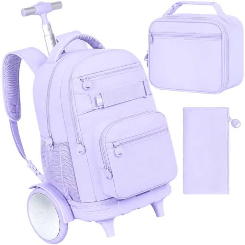 ZLYERT Mochila grande com rodinhas 3 peças para meninos e homens, 50 cm, mochila removível com rodas para viagens na faculdade e escola, Rodas grandes roxas clássicas, One Size, Mochilas de viagem