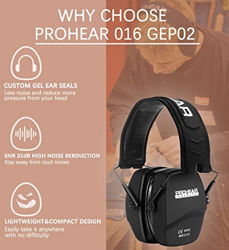 PROHEAR 016-GEP02 Shooting Ear Protection Safety Muffs with Gel Ear Seals with groove, NRR 26dB Noise Reduction Slim Low Profile Passive Earmuffs, Folding Hearing Protector for Airsoft, Hunting