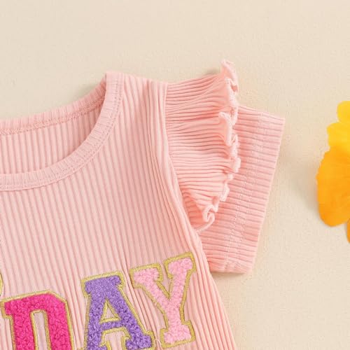 Fernvia Toddler Baby Girl Summer Clothes Set Ruffle Knit Ribbed Short Sleeves T-Shirts Tops Pants 2Pcs Outfits 0-5T (M-Pink, 3-4 Years)