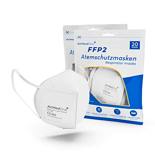 Preisvergleich Produktbild AirMedOne FFP2 Maske, Atemschutzmaske mit offiziellem Zertifikat CE2163 [20 Stück] Mundschutz Maske 5-lagig 3D Gesichtsmaske faltbar