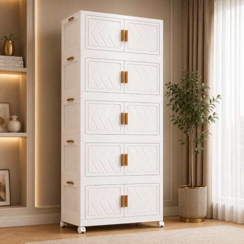 Image of 5-Tier Plastic Wardrobe for Kids Clothes with Wheels | Multipurpose Collapsible Wardrobe Storage Almirah Wardrobe for Clothes, Kitchen Cupboard | Plastic Cupboard for Kids for Home