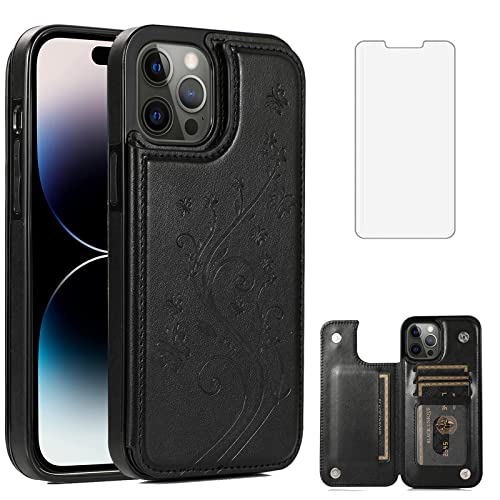Étui portefeuille iPhone 14 Pro en cuir noir avec vitre de protection