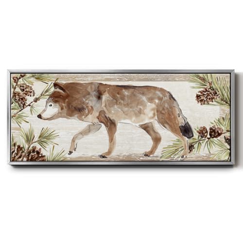 Renditions Gallery Wild Animal Life Floater Framed Wall Art Lone Wolf Walking in the Winter Canvas Home Decor Paintings for Bedroom Office Living Room - 20"X50" SILVER Frame GAL042