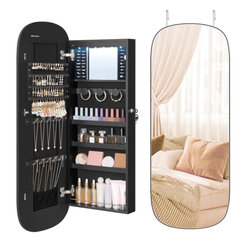 Image of SONGMICS Jewelry Organizer, LED Jewelry Cabinet Wall /Door Mounted, Lockable Rounded Wide Mirror with Storage, Interior Mirror, 3.9 x 16.5 x 42.5 Inches, Black Surface with Black Lining