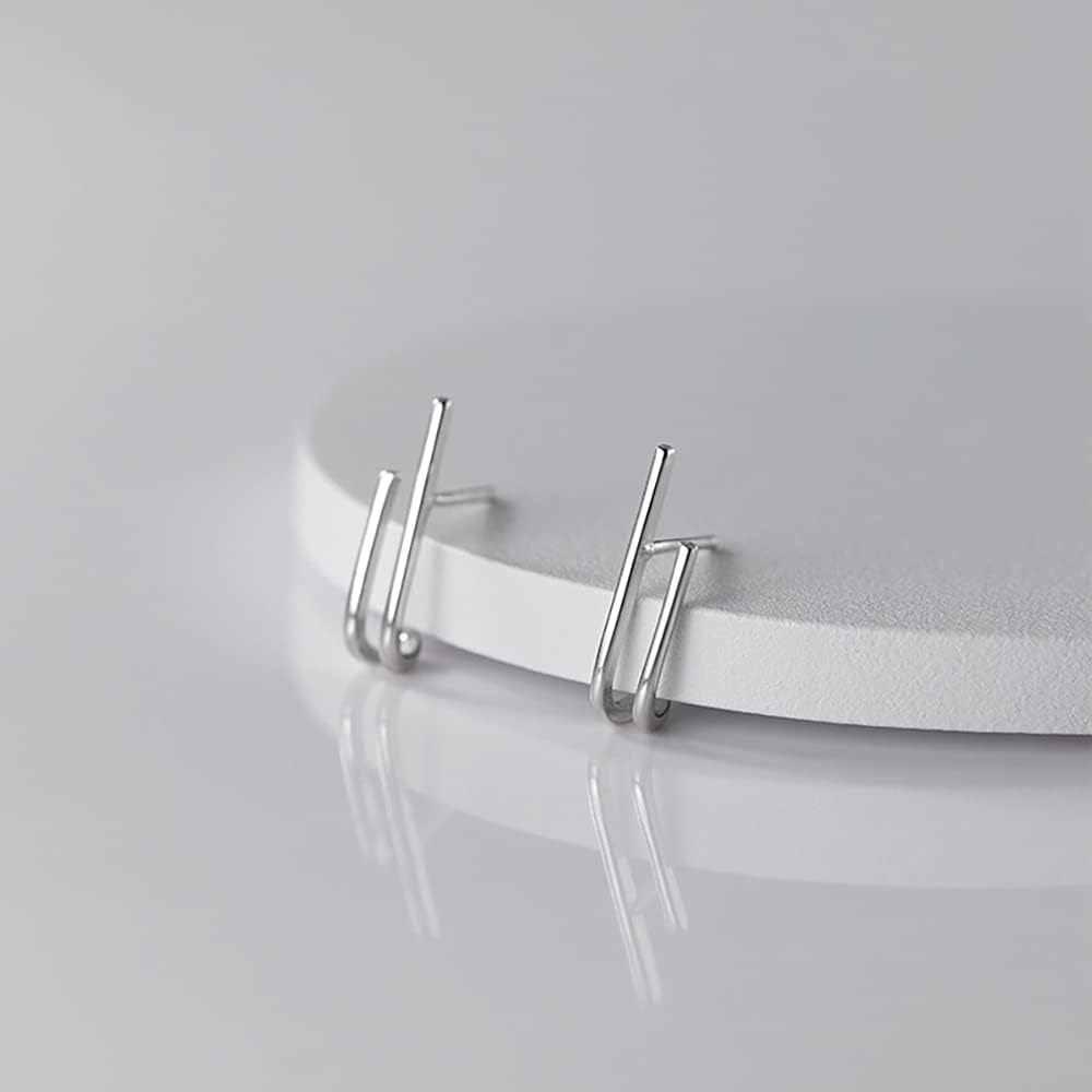 Reffeer Solid 925 Sterling Silver Bar Open Hoop Earrings Huggie Studs for Women Teens Bar Half Hoop Earrings Huggie - Image 4