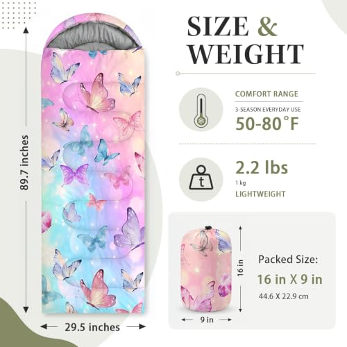 Bolsa de dormir WeCozy Butterfly rosa para niños, ligera impermeable para 3 estaciones, con saco compresor para camping, uso interior y mochilero miniatura 2