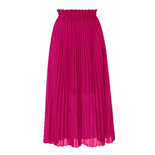 Goobgs Women's Pleated A-Line High Waist Swing Flare Midi Skirt Fuchsia Large/X-Large #TOP1
