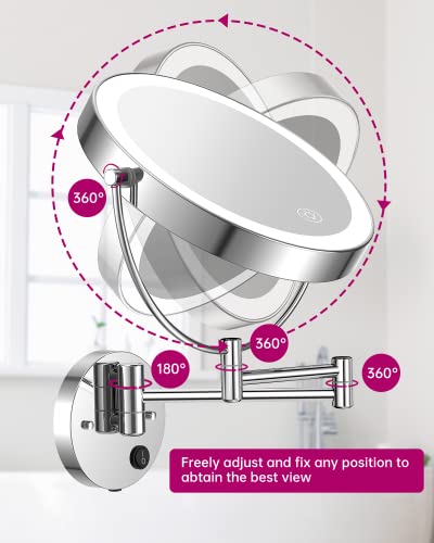 Benbilry 9” Wall Mounted Lighted Makeup Vanity Mirror With 3 Color Dimming Lights, Super Large Size 1X/10X Magnifying Double Sided Led Cosmetic Mirror, 360° Swivel Extendable Round Shaving Mirror #TOP5