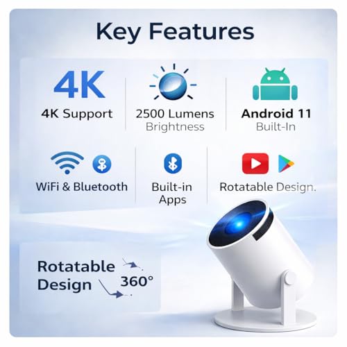 Image of Casaquin Smart Projector | 4K Support, Native 720p HD, 2500 Lumens | Rotatable Design, Built-in Speaker | Android 11 with Netflix, Prime, YouTube | WiFi Connectivity | Entertainment