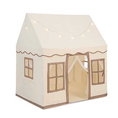 Maxmass Kids Play Tent, Large Children Playhouse with Star Lights and Non-slip Mat, Indoor & Outdoor Princess Castle Tent for Boys Girls (Beige + Coffee)