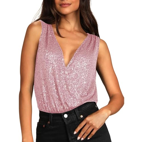 Generisch Elegante camiseta sin mangas de lentejuelas con cuello en V, perfecta para fiestas, clubes, eventos nocturnos y casuales., Rosa., XL