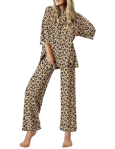 Image of Ekouaer Lounge Sets for Women Short Sleeve Tops and Long Pants Soft Comfy Pajamas Set 2 Piece Outfits