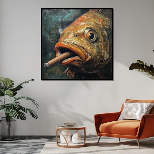 Œuvre d'art murale unique poisson au cigare sur toile 40x40
