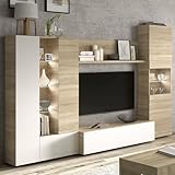 Habitdesign, Moderne Wohnwand 260 cm breit, TV-Möbel in kanadischer Eiche und Weiß Hochglanz, kompaktes Wohnzimmer-Set mit viel Stauraum, Maße: 260 x 185 x 42 cm (B x H x T), Modell Essential