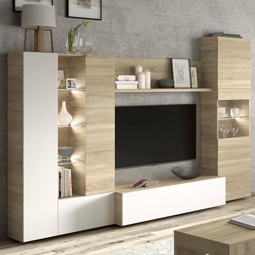 Habitdesign Modèle Essential Meuble TV compact 260 cm, finition chêne canadien et blanc brillant, dimensions : 185 x 260 x 42 cm (H x l x P).