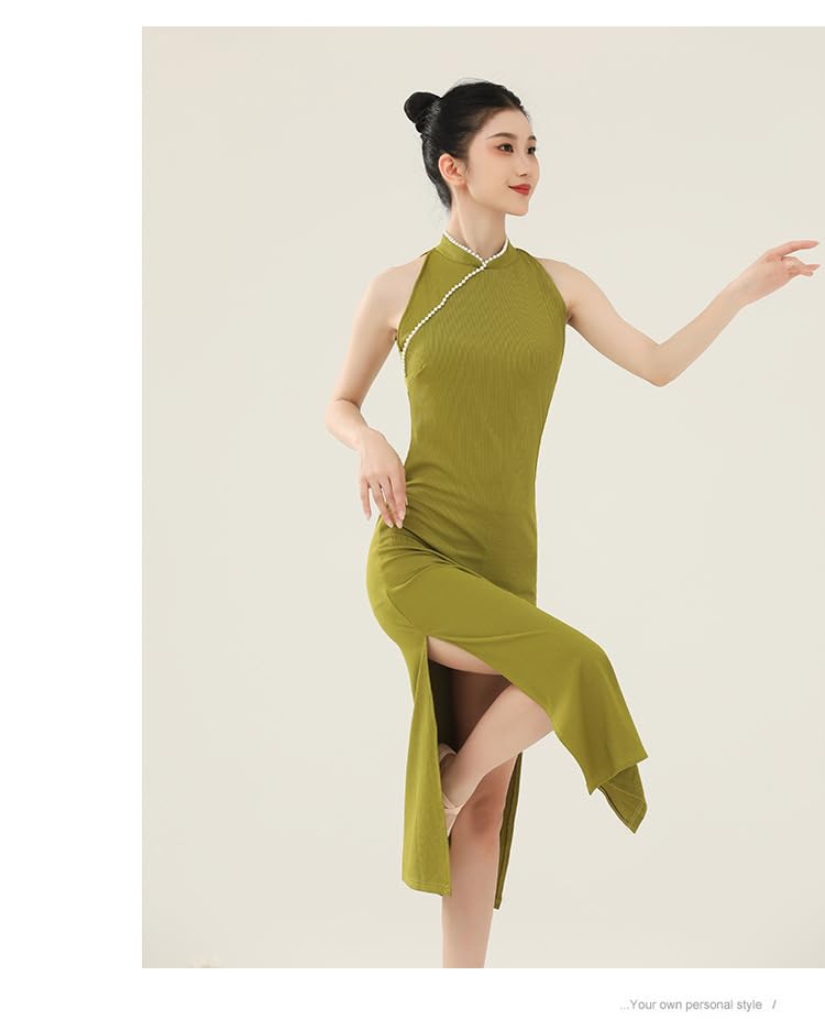 HEARTTOUCH Women's Chinese Style Slit Dress Classical Qipao Lyrical Dance Training Dress Ballroom Dance Costume Dancewear (Green,S,Small)