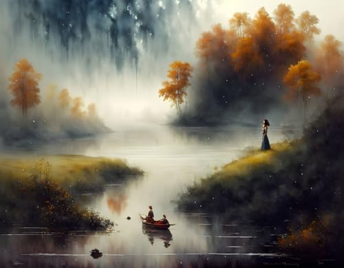 Affiches sur toile art mural Pologne femme aquarelle paysage de rivière 58 x 90 cm