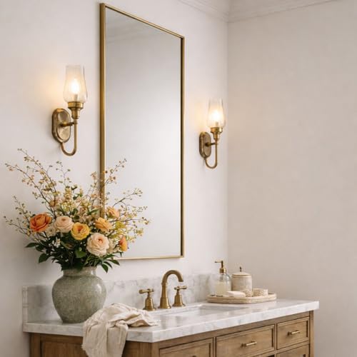 Image of TEHOME Gold Bathroom Vanity Mirror with Squared Corners, 24x40'' Brushed Brass Rectangle Stainless Steel Metal Framed Mirror for Bathroom
