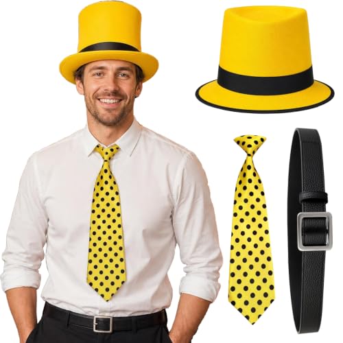 Ensemble Costume Chapeau Jaune Adulte 3pcs, Fédora Halloween