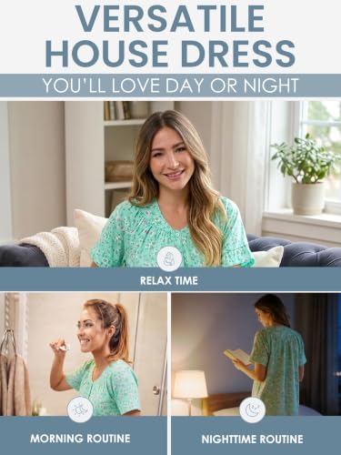 Image of Casual Nights Women's Snap - Front House Dress Short Sleeve Woven Housecoat Duster Lounger Robe with Pockets