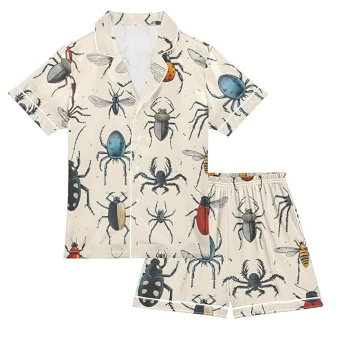 Satin Pajama Sets Short Sleeve Insects Pattern Print Cartoon Button Down Silky Nightwear 2 Piece PJS 5-14Y