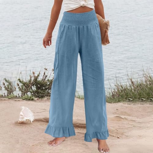 Image of Women Linen Pants Dressy Casual Summer Boho Ruffle Hem Wide Leg Cropped Pants Smocked High Waisted Palazzo Pant