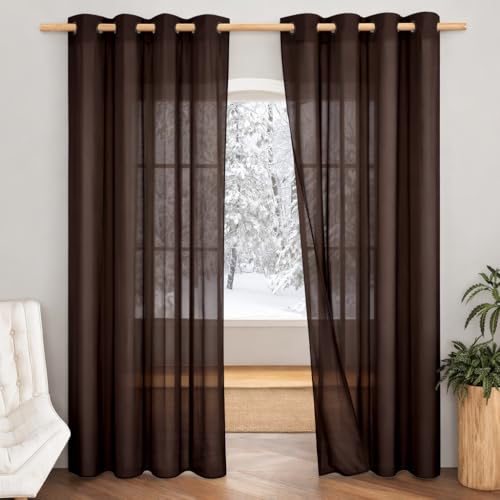 Image of 7 Feet Door Curtains Set of 2 - Semi Transparent Sheer Curtains for Living Room & Bedroom | Polyester Eyelet Curtain Panels | Modern Door & Window Curtain (Coffee)