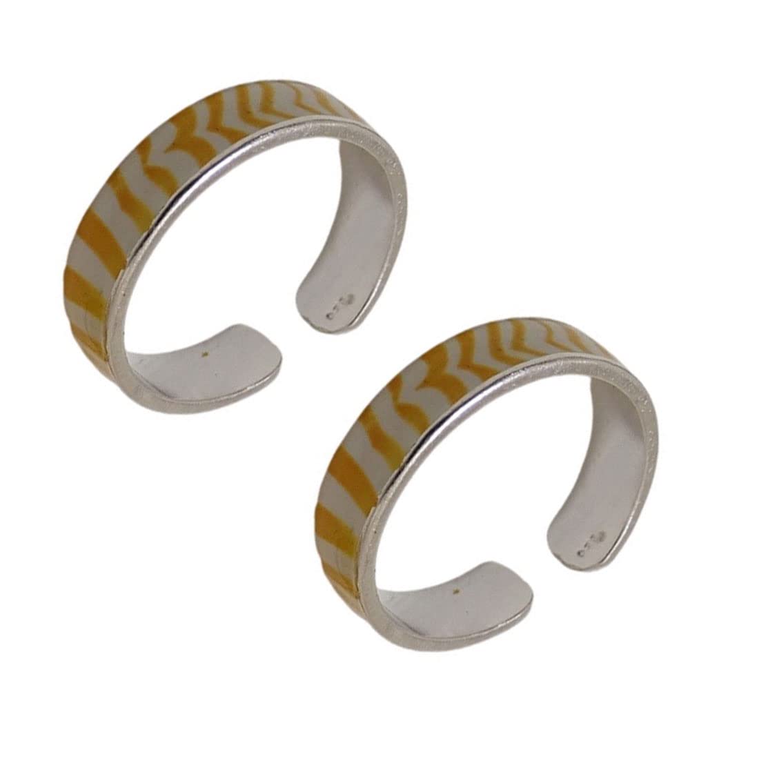 Sterling Silver Yellow Stripes Enamel Paint Toe Ring Bichhiya For Women ~ 2 Pcs-image-11