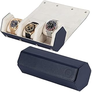 QWATCHBANDS Napa Leather Watch Rolls for Men - Hexagon Triple Watch Roll Travel Case for 3 Watches - Storage Organizer Genuine Leather with Velvet Interior Display - Watch Accessories (Blue/Cream)