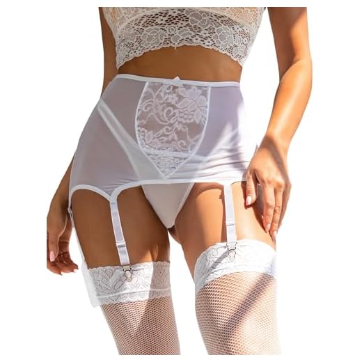 ohmydear Strapsgürtel Breit mit 6 Halter Strapse Spitze Große Größen Strumpfhalter Damen Strapsen Dessous Set Transparent High Waist Strumpfgürtel Garter Belt mit G-String Weiß M