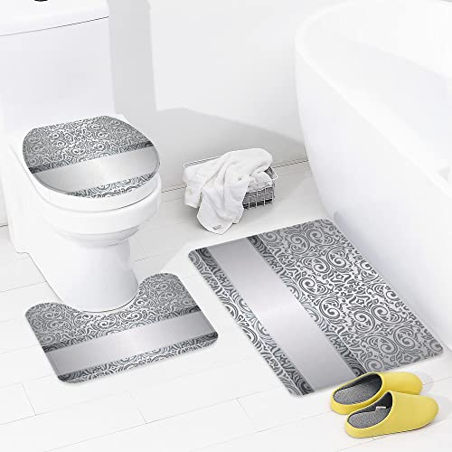 3 teiliges Badematten Set rutschfest U-FöRmige Duschvorleger,Silber, Barock-Damast, Rundungen, Rokoko-Stil, Motive…