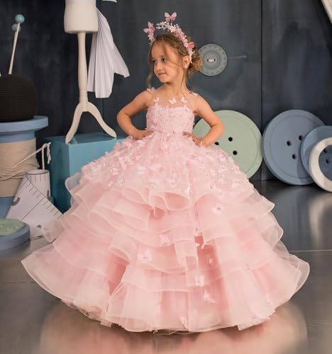 Tulle Flower Girl Dresses Tiered - 3D Butterfly Appliques Princess Pageant Dress Sparkly First Communion Dress3