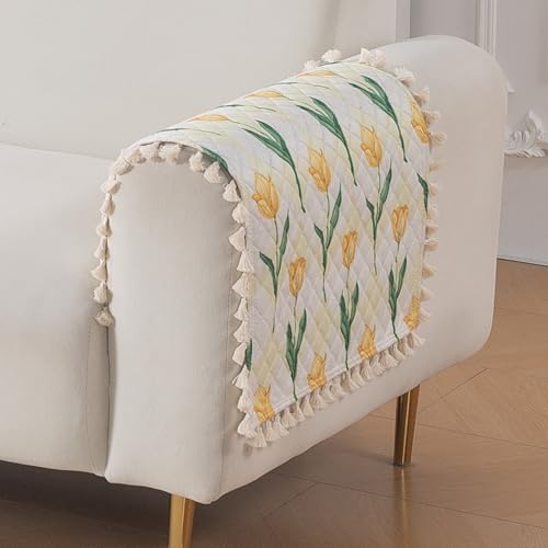 Image of HOKIPO Tulip Blossom Quilted Sofa Armrest Cover - 1 Pair | 'Tassel Twigs' Series (IN-987-T4*2)
