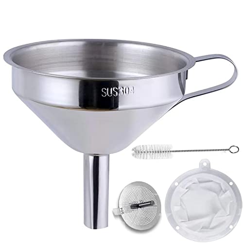 Kitchen Stainless Steel Funnel 5 Inch Small Home Funnel Silver Metal Funnel Food Grade Safe Material with 2 Pcs Detachable Filter and 1 Pcs Cleaning Brush Perfect for Transfer Liquids, Powders -Silver