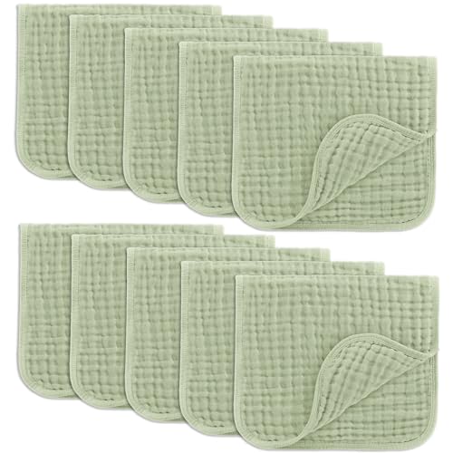 Image of Comfy Cubs Muslin Burp Cloths 20" x 10", Pack of 10 - Large, 6-Layer, Ultra Absorbent 100% Cotton for Baby Drool and Messes - Soft, Safe & Gentle Baby Burp Cloths for Boys & Girls - Sage