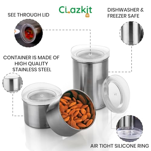 Image of Clazkit Stainless Steel Airtight Containers With Lid|Kitchen Container Set with Glossy Finish|Multipurpose Storage Containers for Kitchen, Set of 2 (600ml)