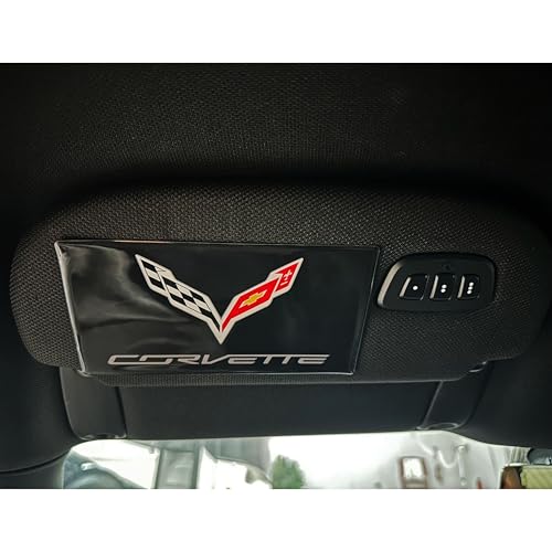 Image of SR1 USA C7 Corvette Sun Visor Label Cover Decal - Set of 2 Domed Emblem Interior Decals Accessories Gloss Black for 2014-2019 Corvettes