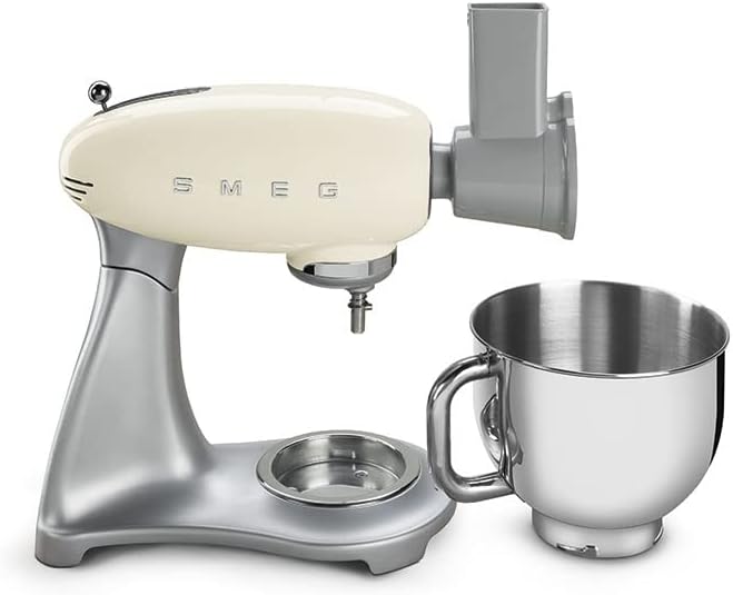 SMEG Stand Mixer with Grater Attachment processing hard cheese into a bowl.