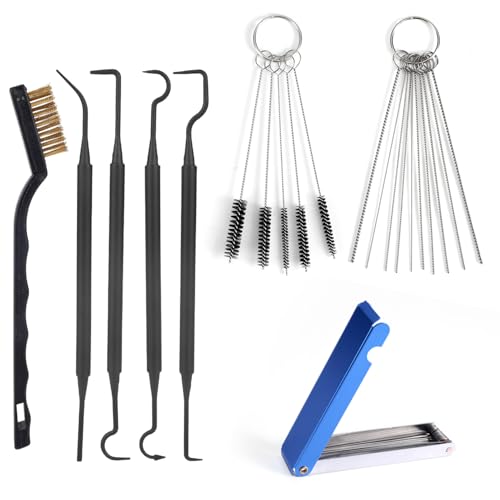 Kit de Limpieza Carburador, Incluye 1 Cepillo un Solo Cabezal 23 Agujas 5 Cepillos Nailon y 4 Ganchos Limpieza para Mantenimiento de Motocicletas ATV Motosierras y Soldadoras