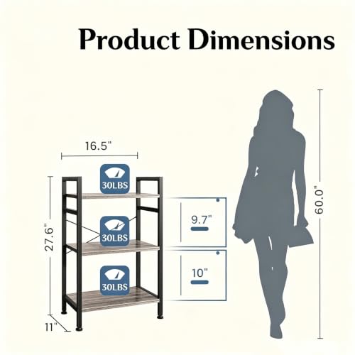 Image of HealSmart 3 Tier Bookshelf, Free Standing Book Shelf Home Office Bookcase Shelf Storage Organizer for Bedroom, Bathroom, Living Room, Office, Balcony, Gray Wood